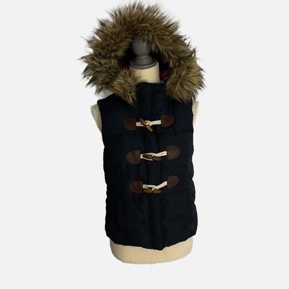 Abercrombie & Fitch Vintage Puffer Vest Hooded Fur Trim Medium Down Filled Y2K - Picture 2 of 16